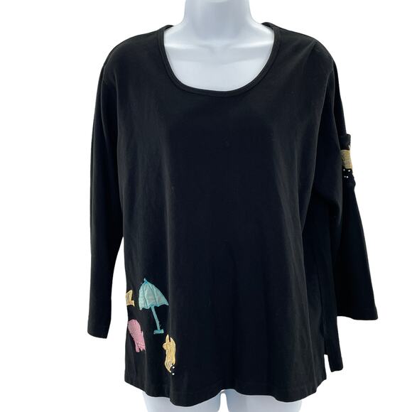 Cotton Connection Black Cotton Beach Summer Vacation Appliques Scoop Neck Top L - Picture 2 of 12